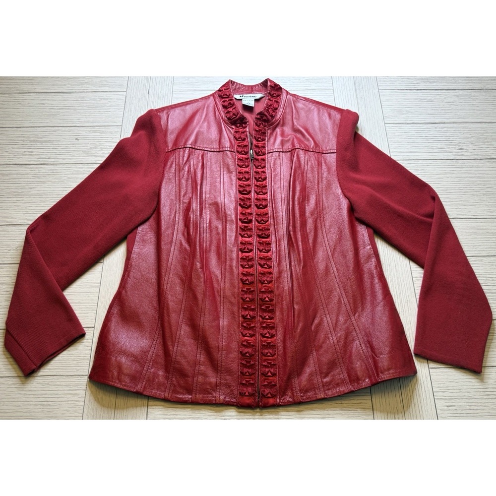 Nyagard Womens Vintage Jacket Petite Sz L Red Leather W/ Knit Zip Up Jacket